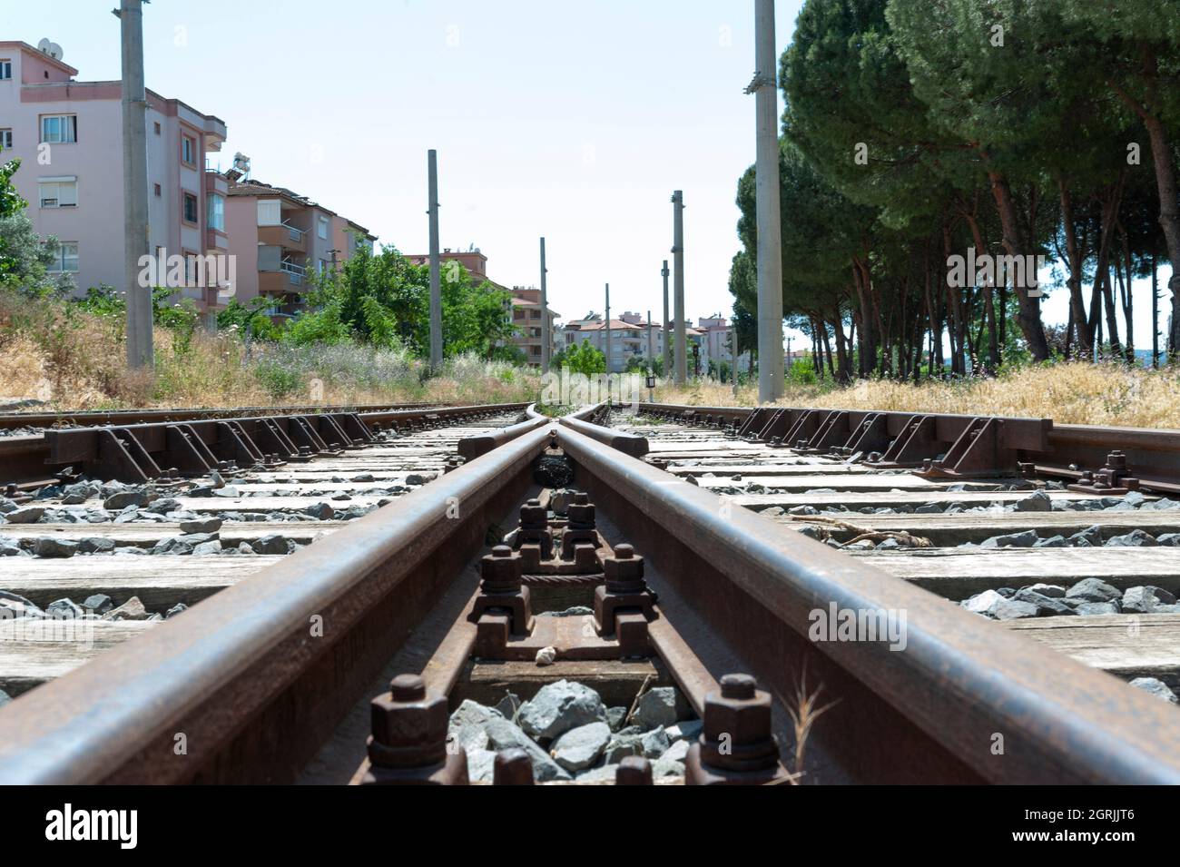 Railway, railroad, track, rail, train, rusty, old, dirty Stock Photo