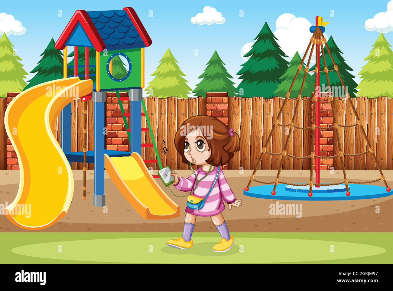 A girl listening to music at the park Stock Vector