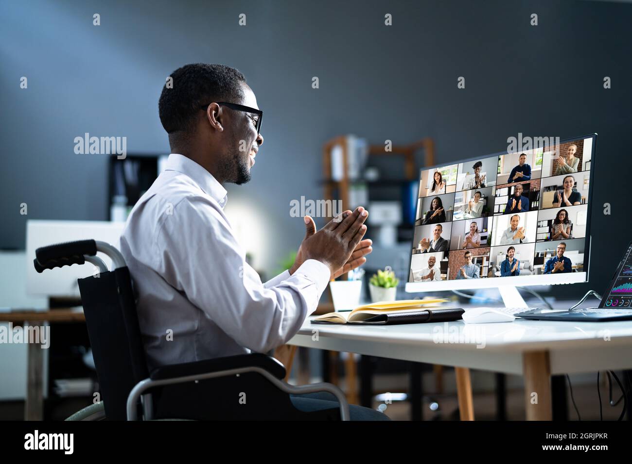 Online Virtual Teleworking Meeting On Computer. Video Webinar Stock Photo