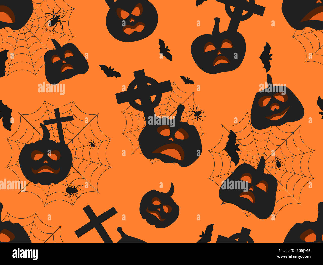 Halloween seamless pattern with pumpkins, crosses and spider webs ...
