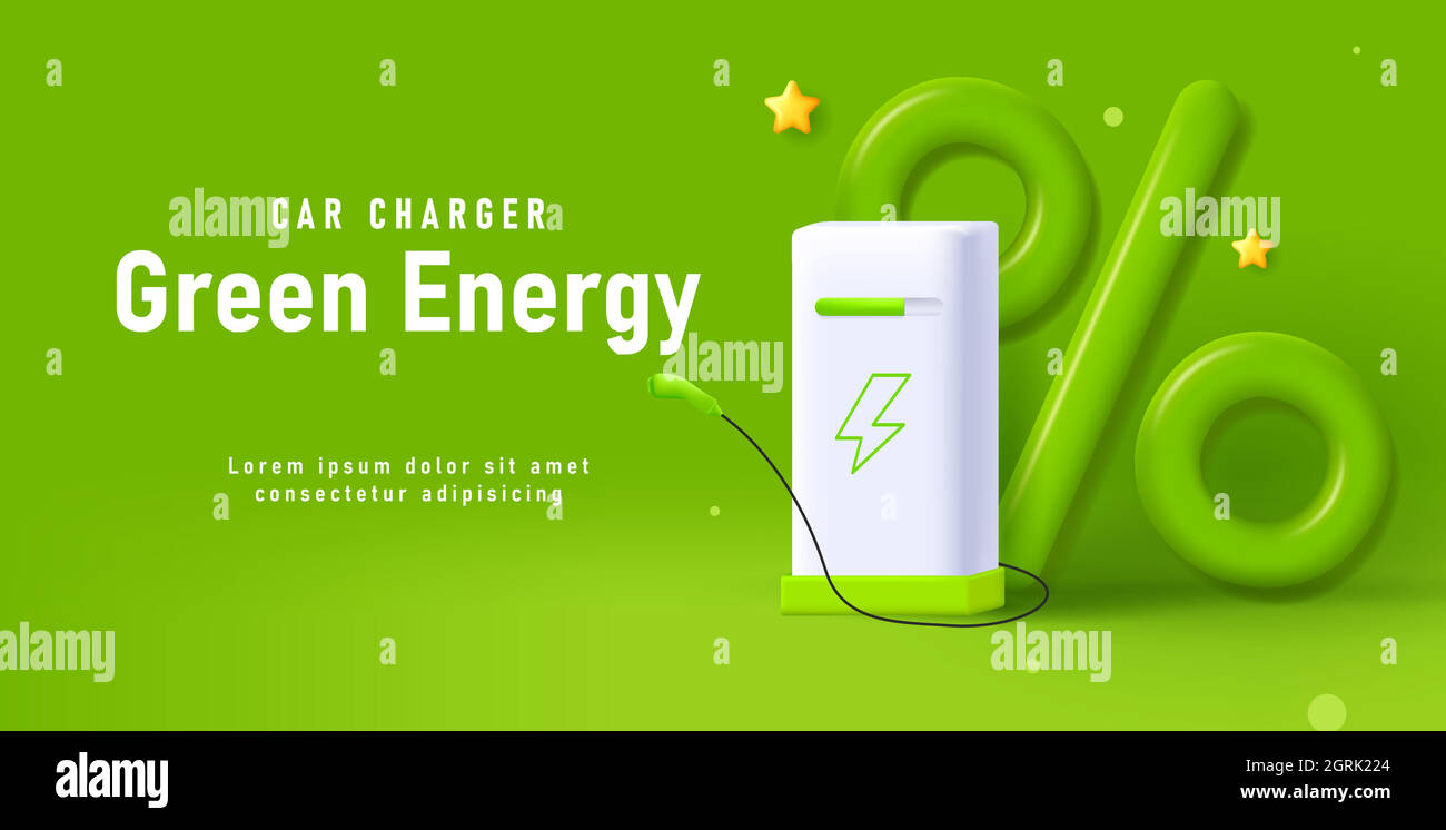 Electric charging station, 3d render illustration of charging equipment with big green percent sign, advertising web banner Stock Vector