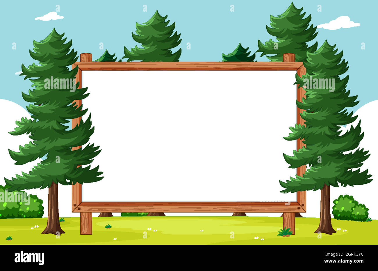 Blank wooden frame with pines in park scene Stock Vector