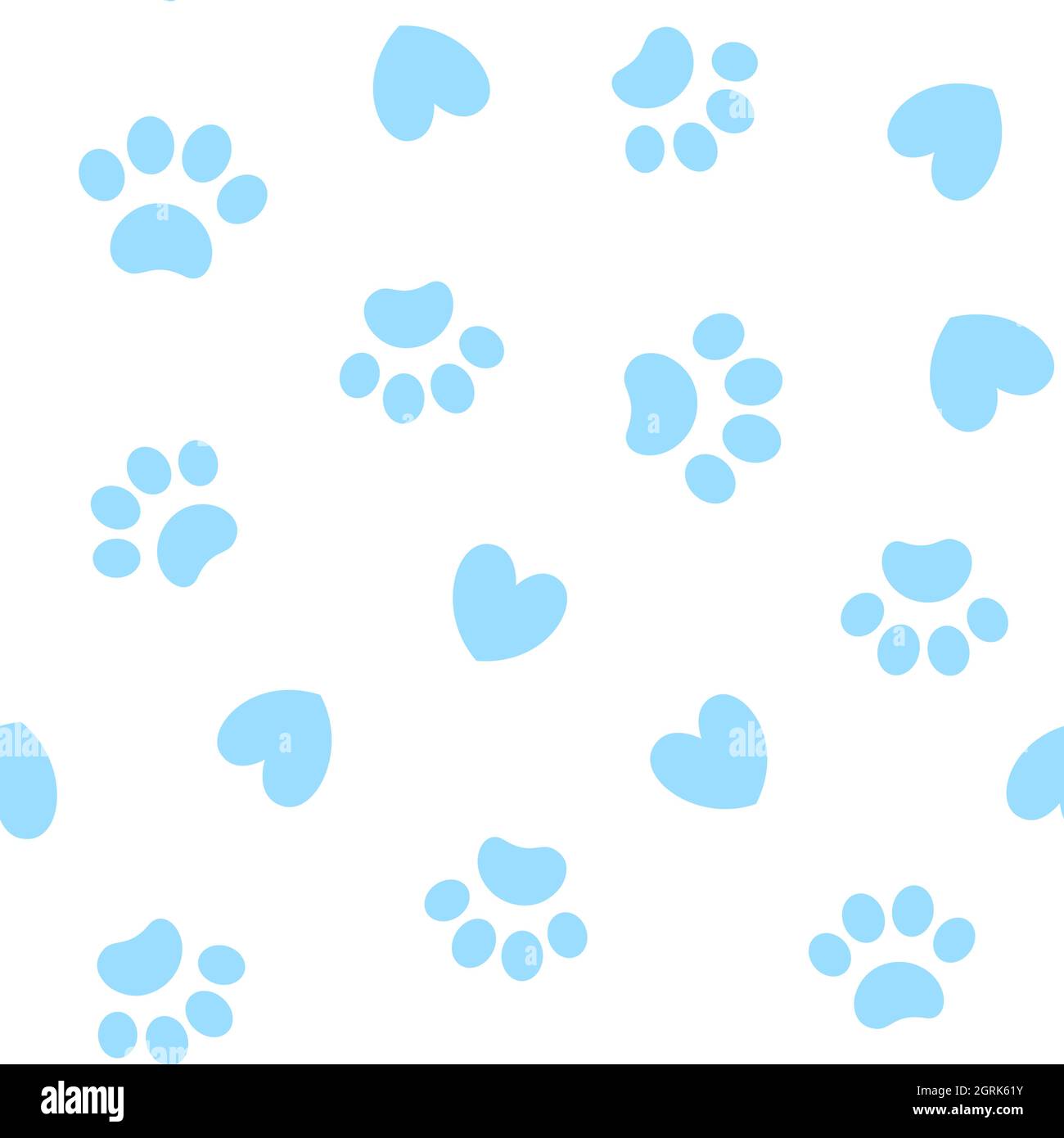 Seamless blue pattern background with paw prints animals and hearts