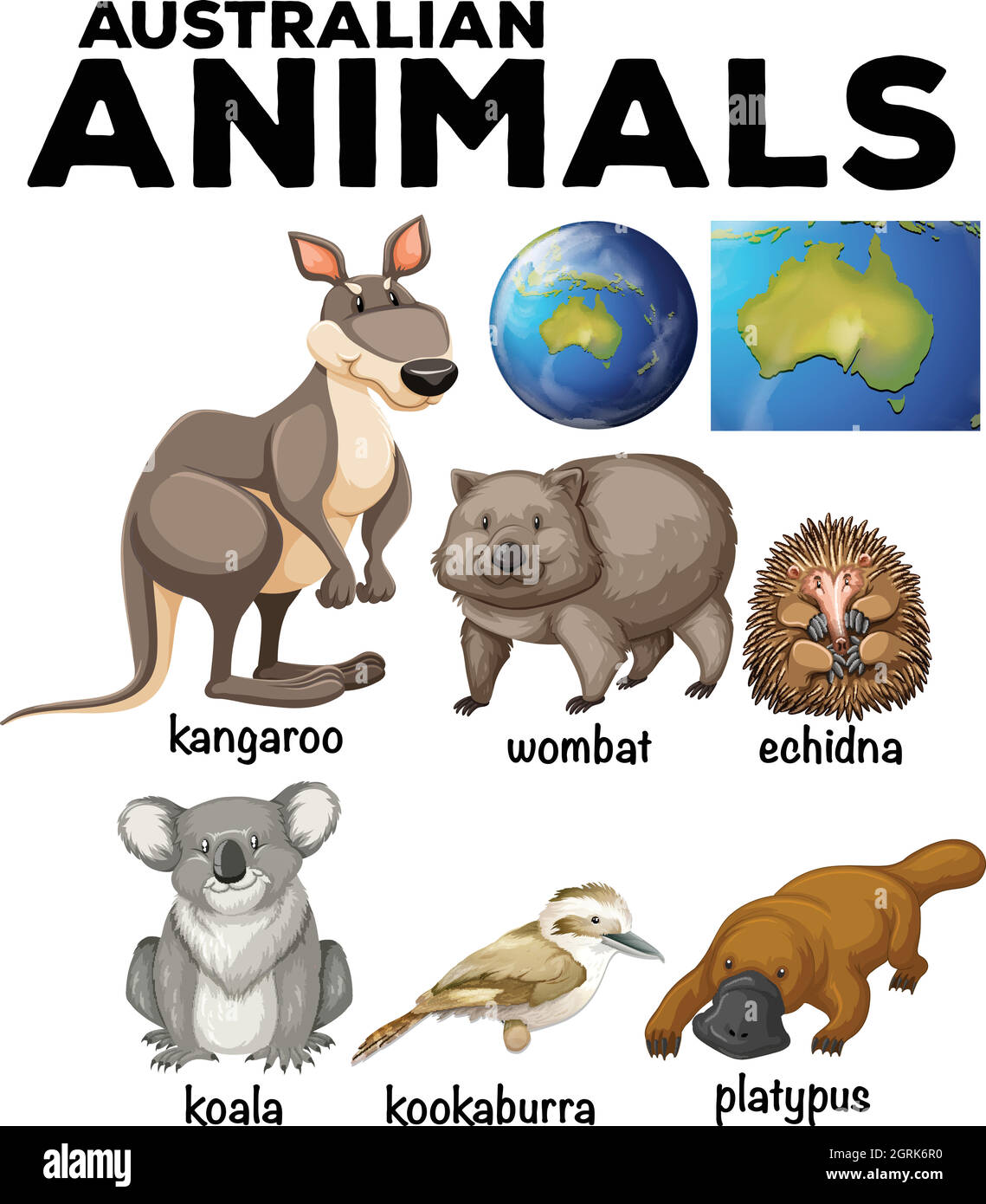 Australian wild animals and Australia map Stock Vector