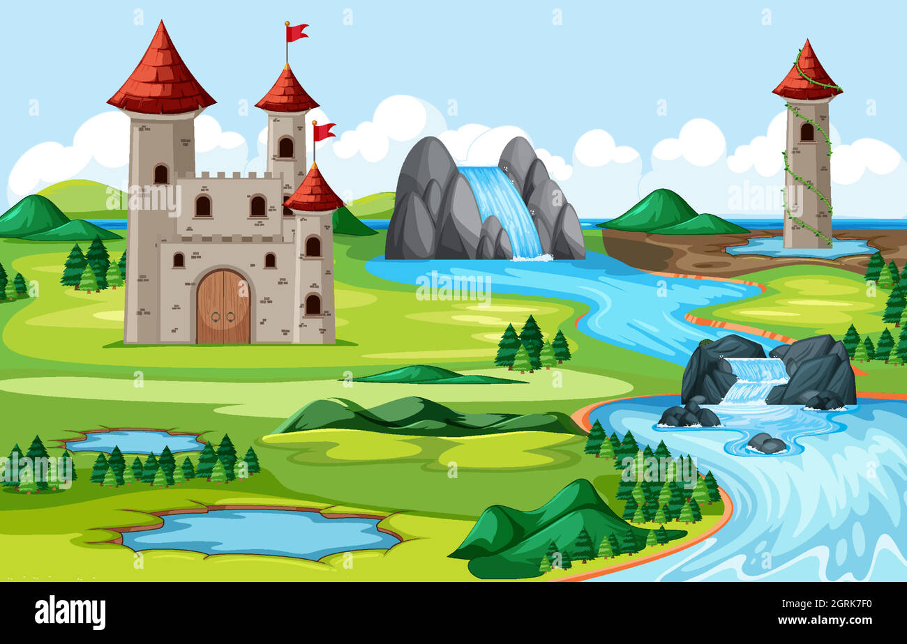 Castles and nature park with river side landscape scene Stock Vector ...