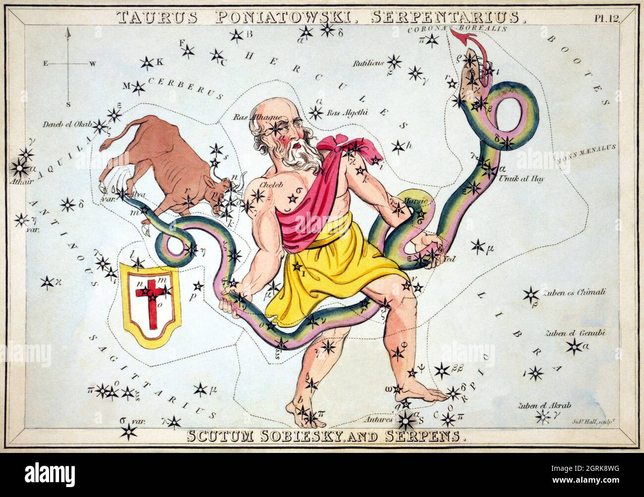 Sidney Hall (1788-1831) Urania’s Mirror - Taurus Poniatowski, Serpentarius, Scutum Sobiesky, and Serpens. c 1825. Stock Photo