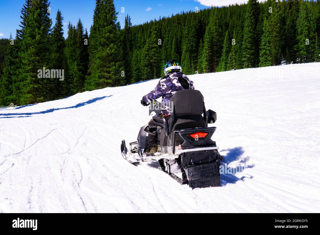 Man On Tour Rent Snow Mobile In Winter Mountains Pine Forest Stock Photo