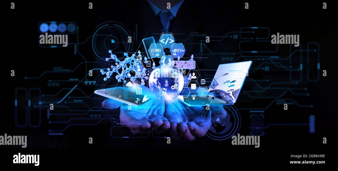 Software Engineer Businessman hands show all innovation technology ...