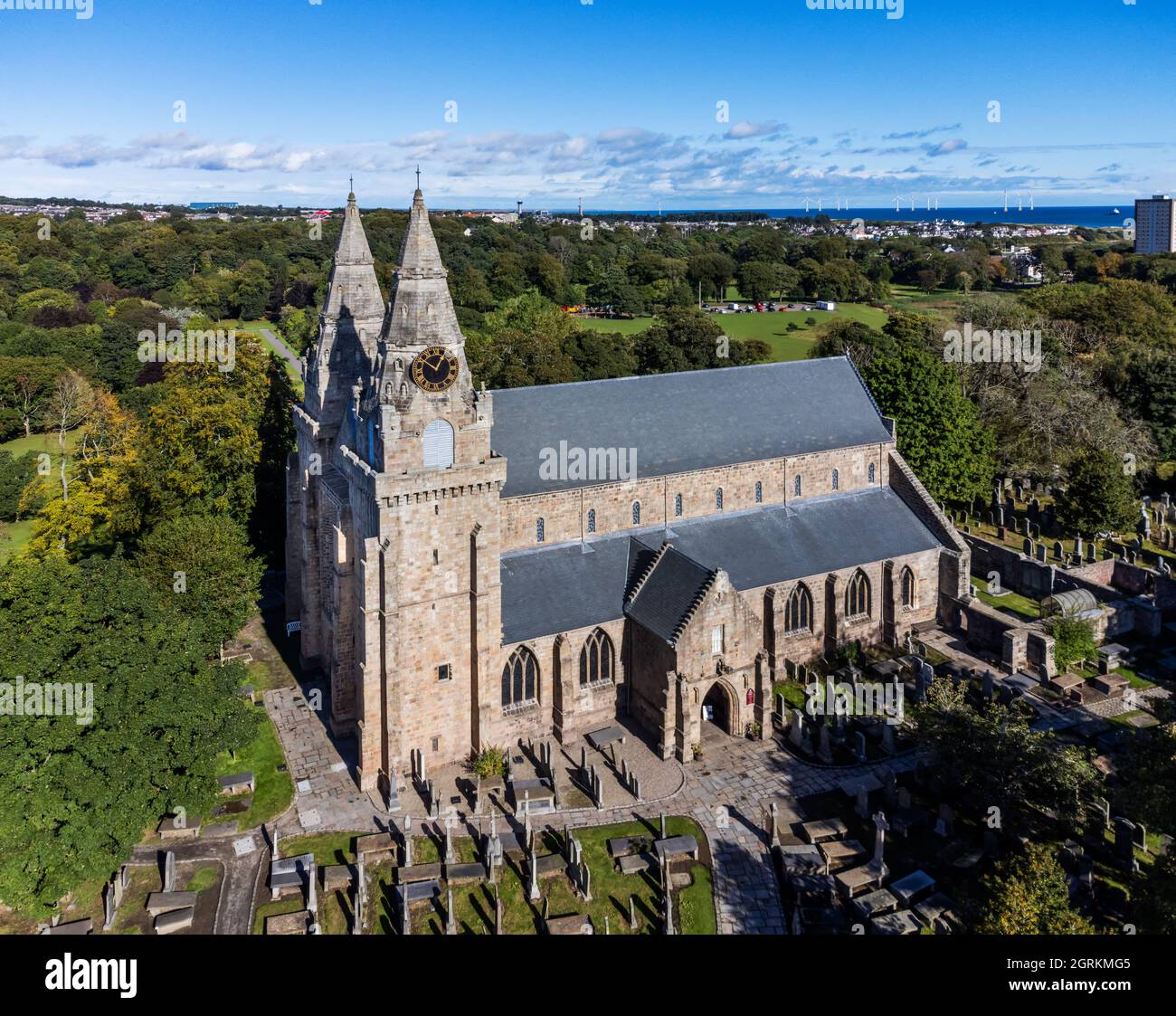 Aerial view of St Machar (or St Machar's) Cathedral in the city of Aberdeen, Scotland, with Seaton park visible in the background Stock Photo