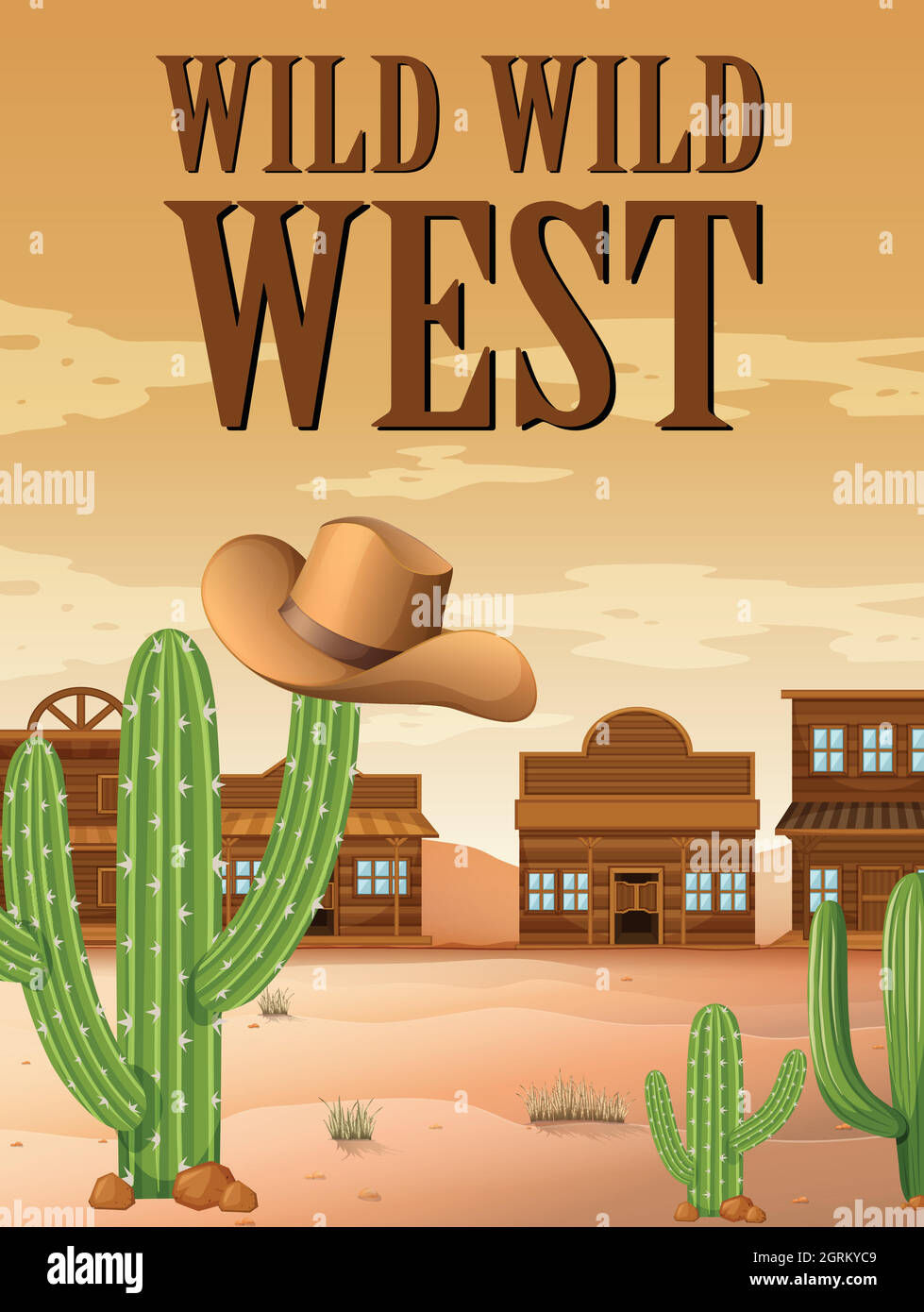 Wild west poster with buildings in desert Stock Vector