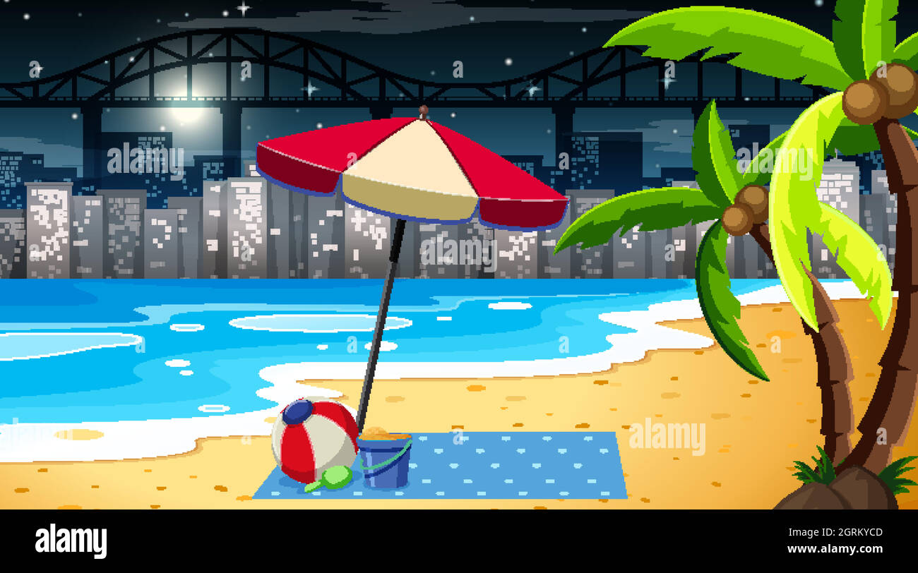 Tropical beach landscape scene at night with cityscape background Stock ...