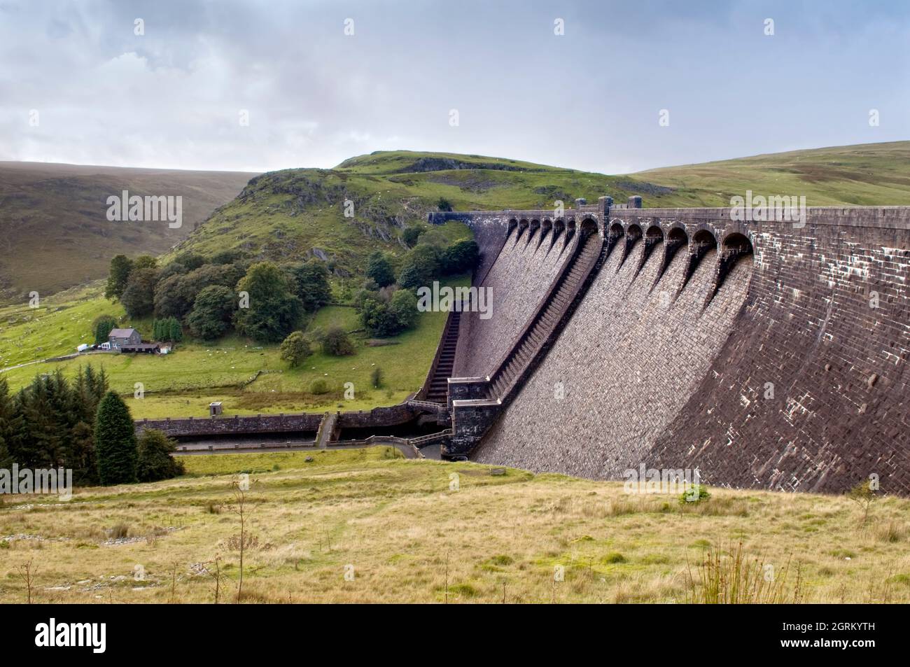 Claerwen dam in Elan valley, Rhayader, Wales Stock Photo