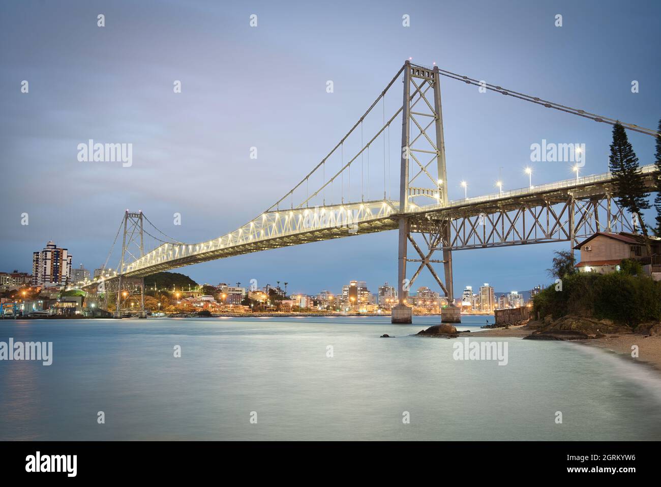 Photo of the Hercilio Luz Bridge in Florianopolis, Santa Catrina, Brazil Stock Photo