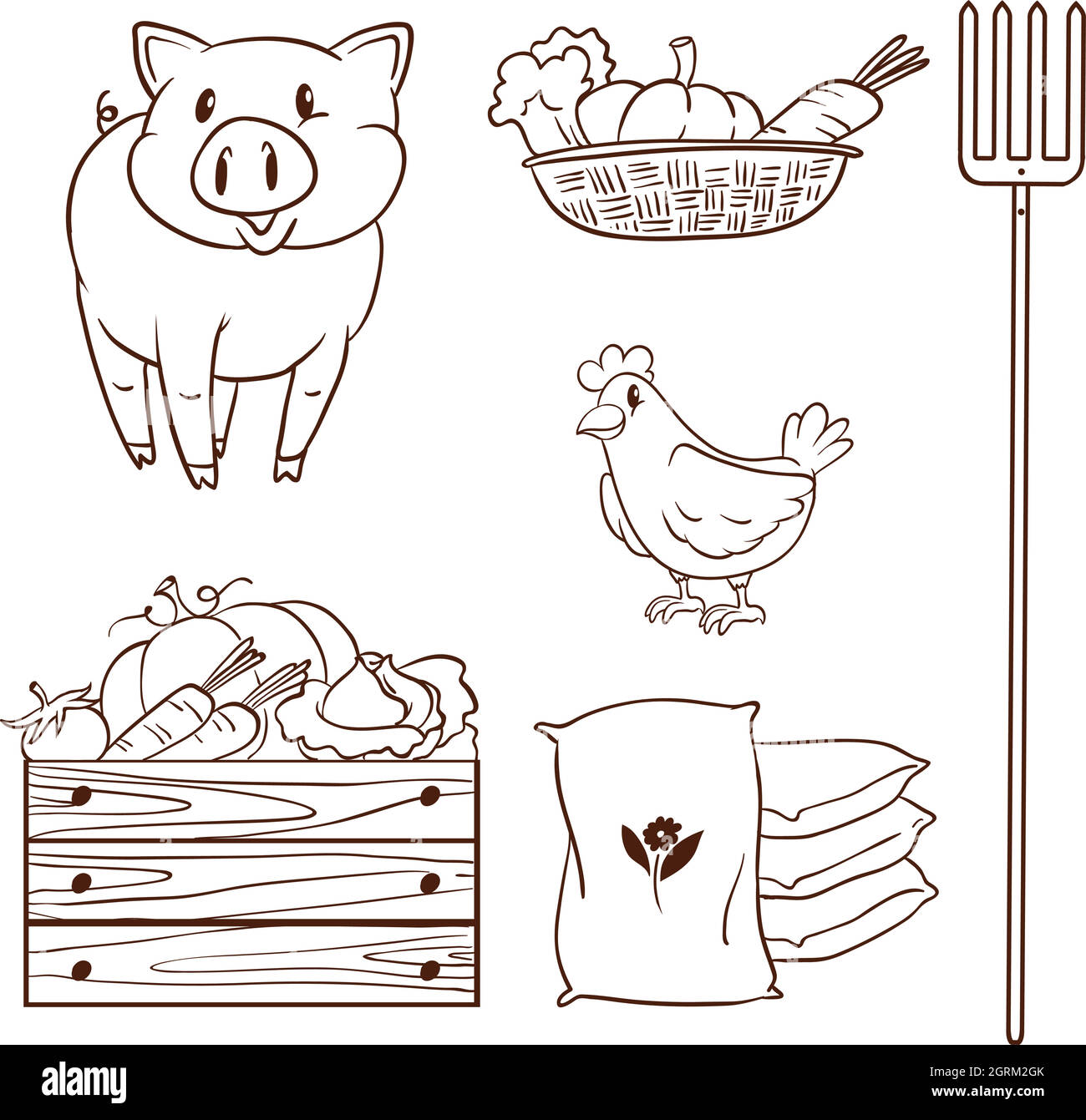 A simple sketch of the farm animals and the harvested vegetables Stock Vector