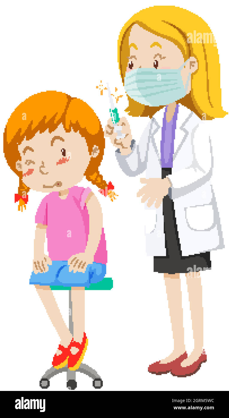 Doctor injecting flu vaccine for girl cartoon character Stock Vector