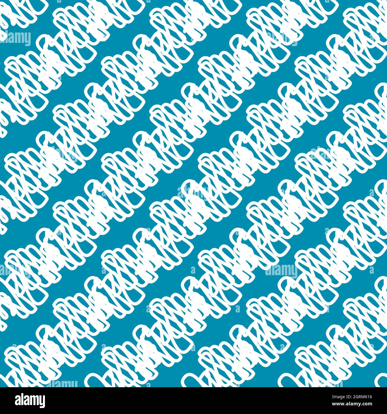 Abstract scalloped ribbon yarn effect seamless vector pattern background. Geometric blue and white backdrop with diagonal scribbled doodle stripes Stock Vector