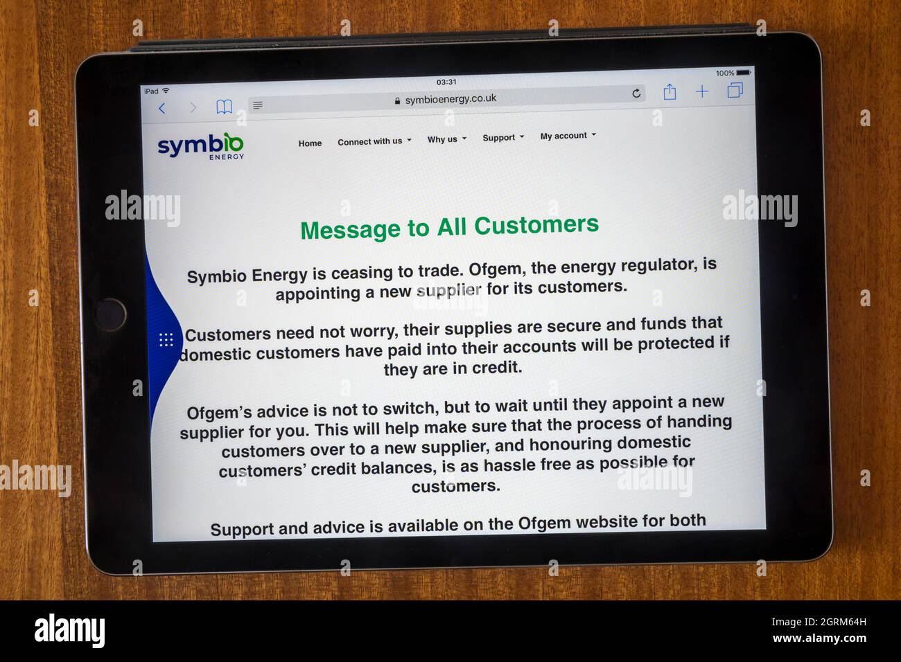 A message on the website of Symbio Energy announcess that they are ceasing to trade. Stock Photo