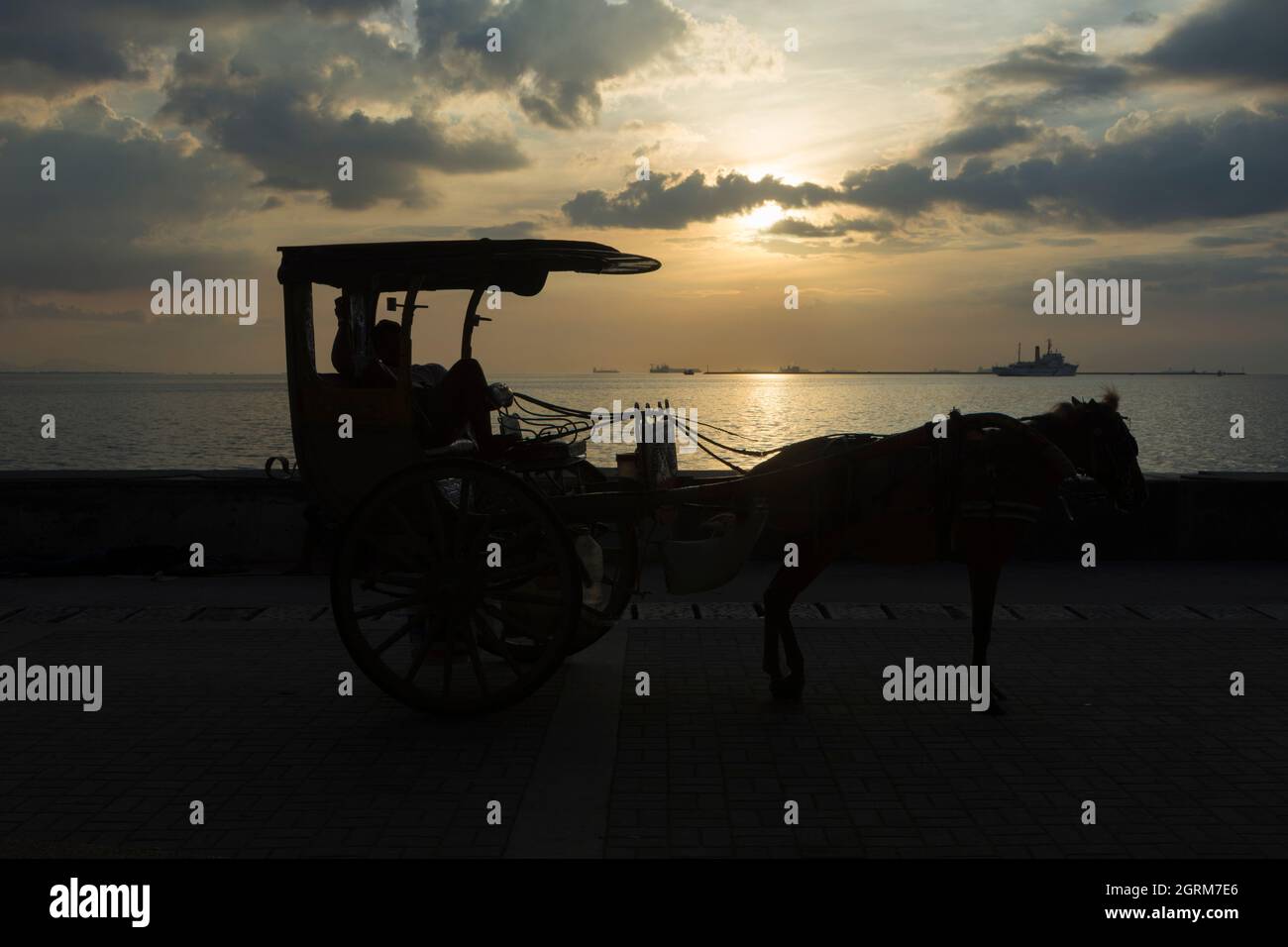 Driver of a two-wheeled horse-drawn carriage (kalesa) enjoying the sunset  on the Baywalk in Manila, Philippines. Stock Photo