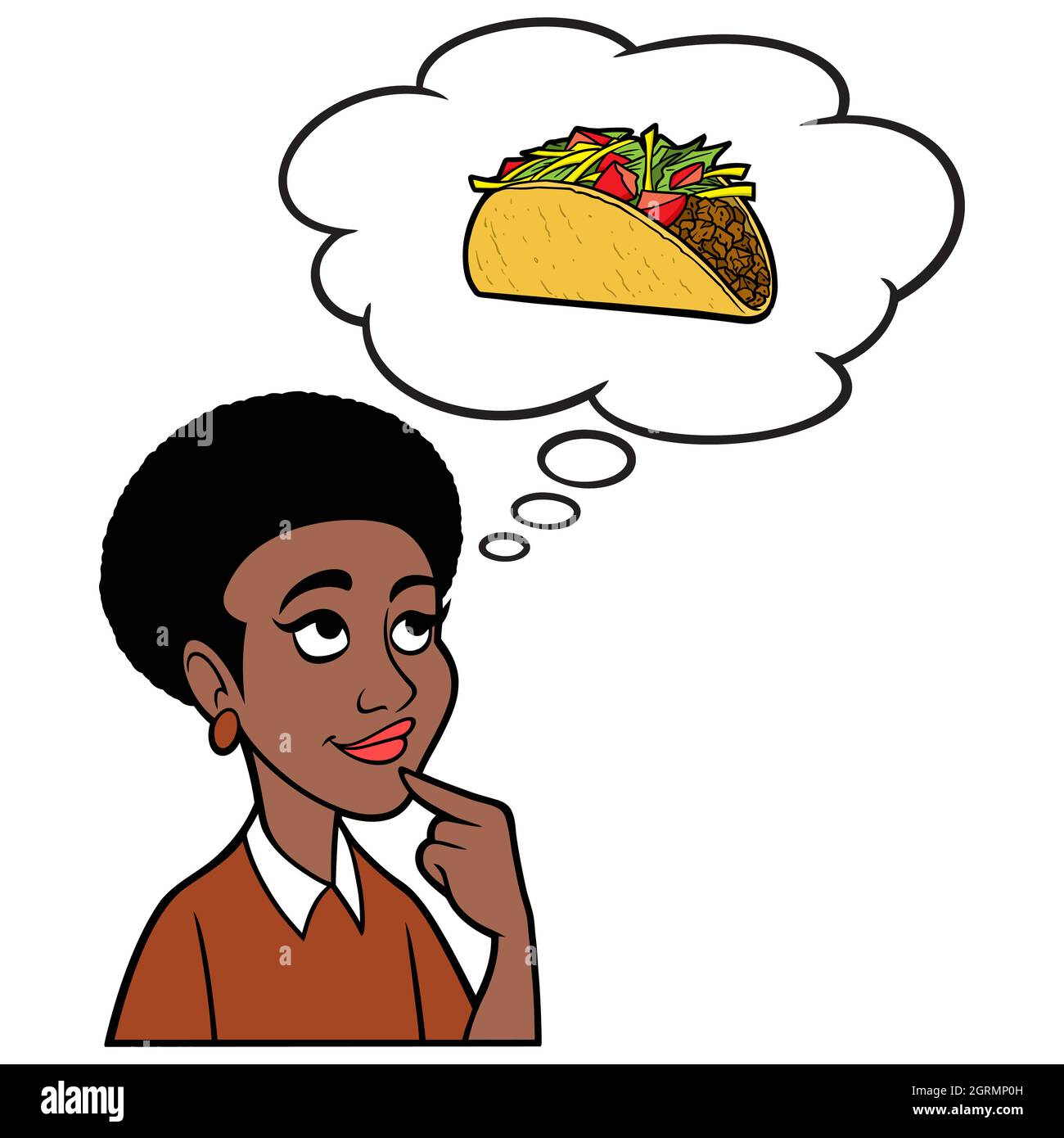 Woman thinking about a Taco - A cartoon illustration of a woman thinking about having a Taco for lunch. Stock Vector
