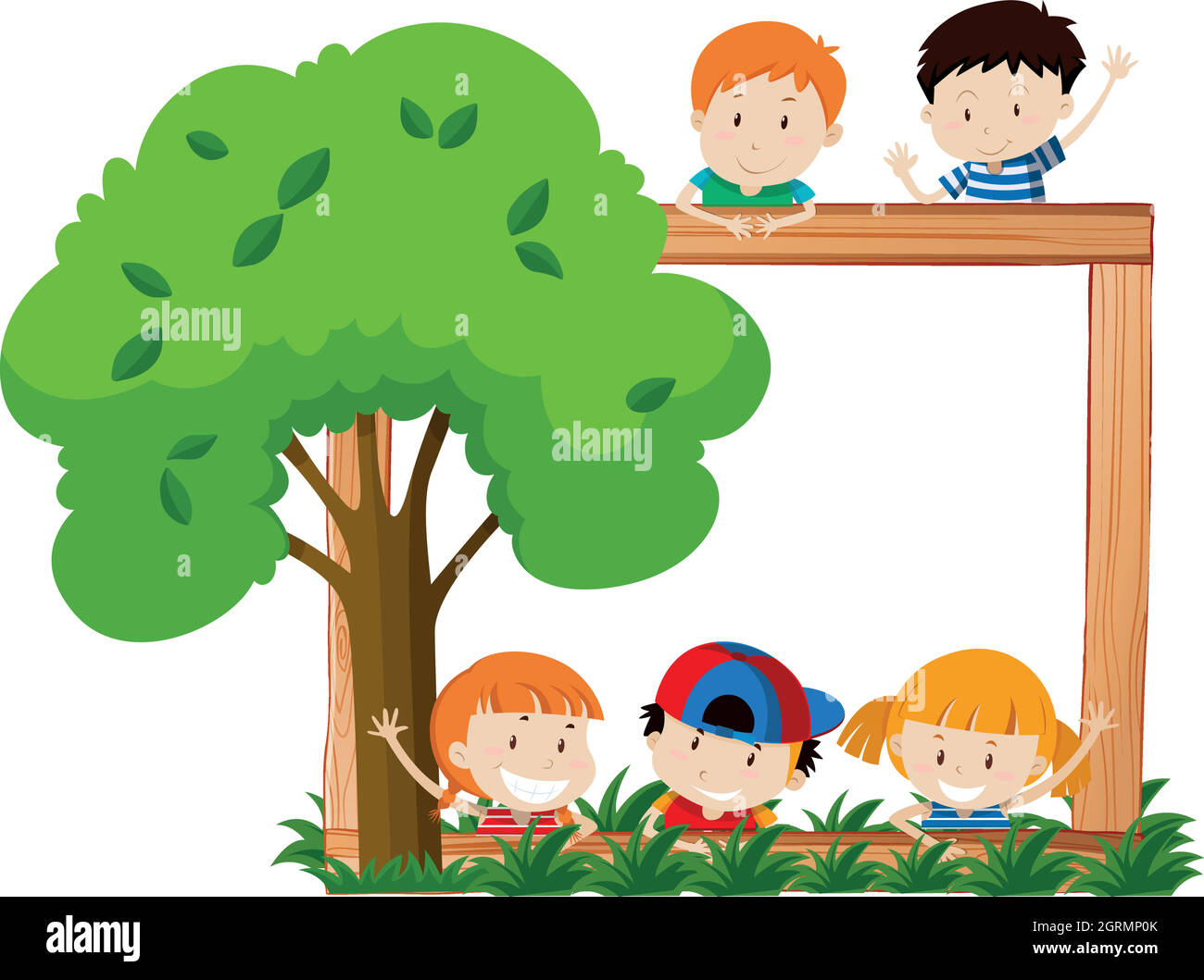Blank frame surroeded by children and tree Stock Vector