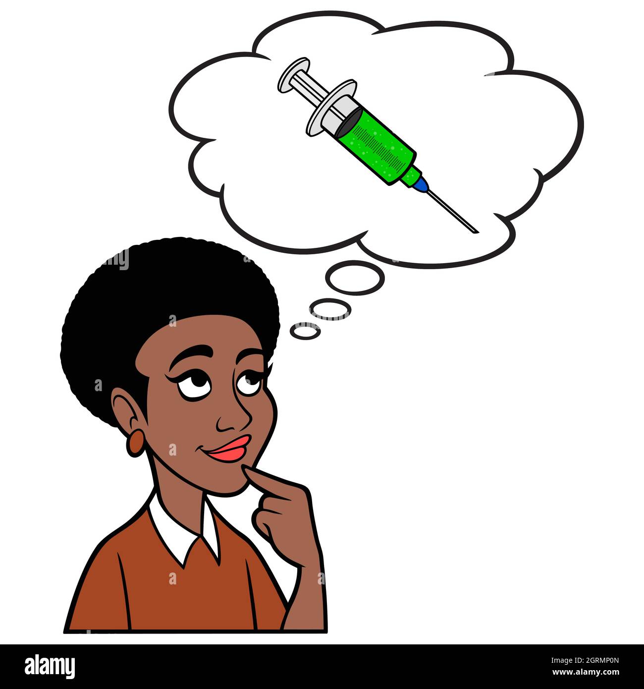 Woman thinking about a Flu Shot - A cartoon illustration of a woman thinking about a winter Flu Shot. Stock Vector