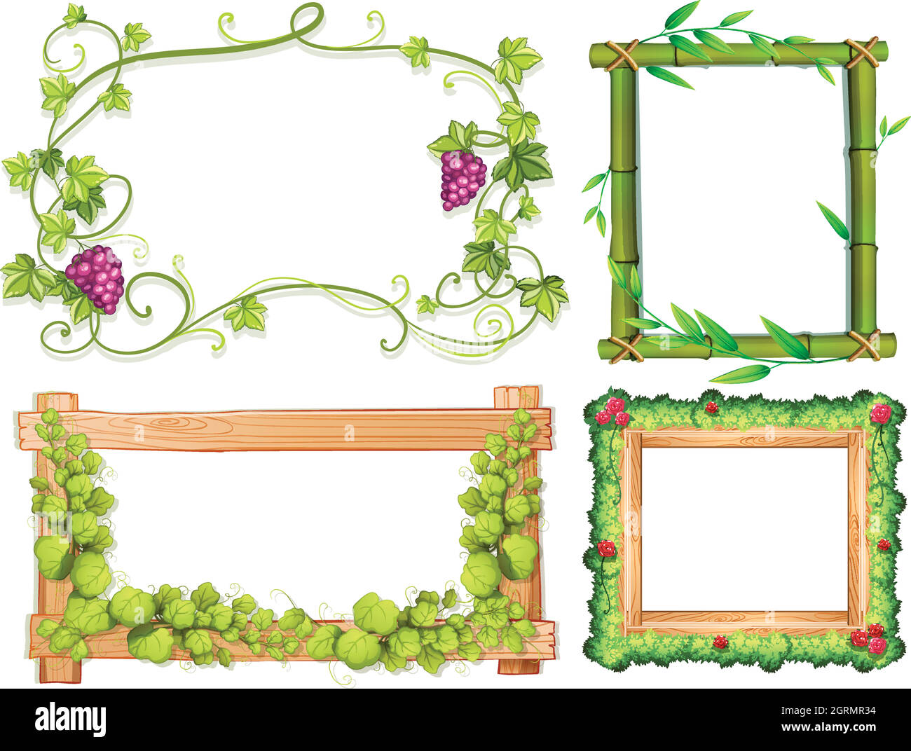Four different designs of frames with green leaves Stock Vector