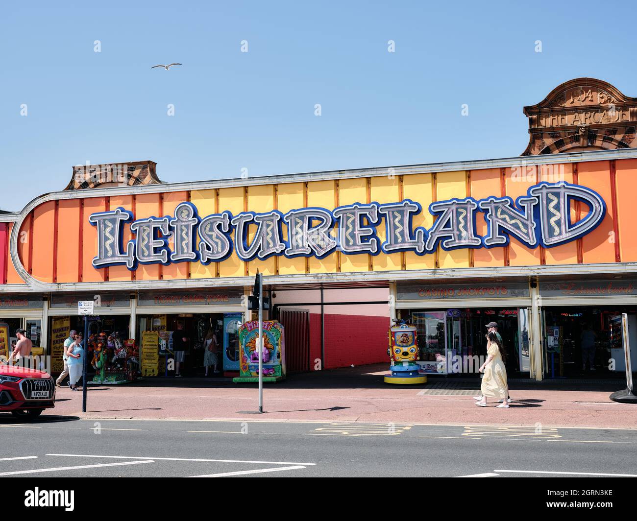 Leisureland Amusement Arcade - The colourful seafront architecture of Marine Parade Great Yarmouth seaside resort town on the Norfolk coast England. Stock Photo