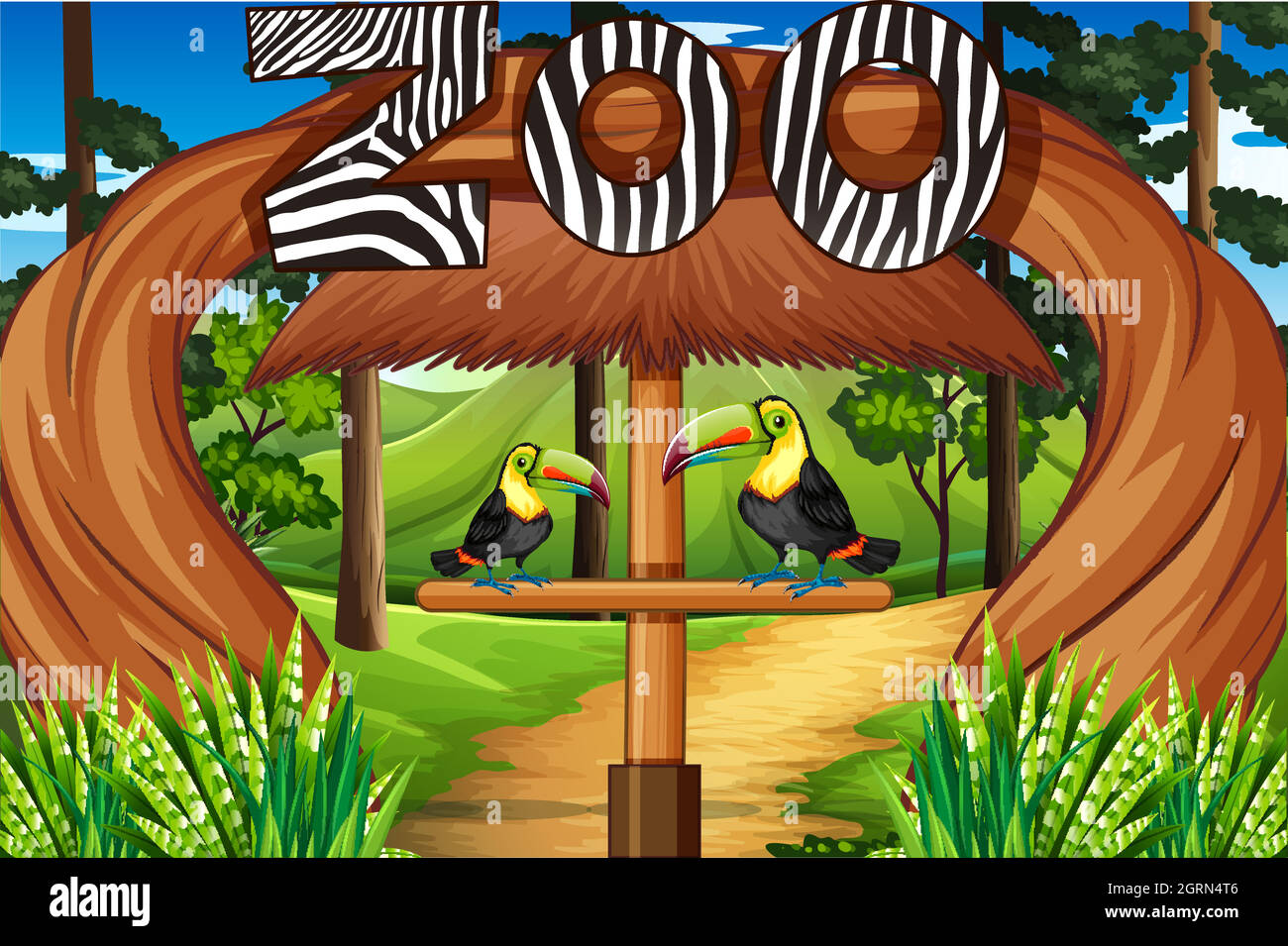 Zoo entrance with two toucan birds Stock Vector