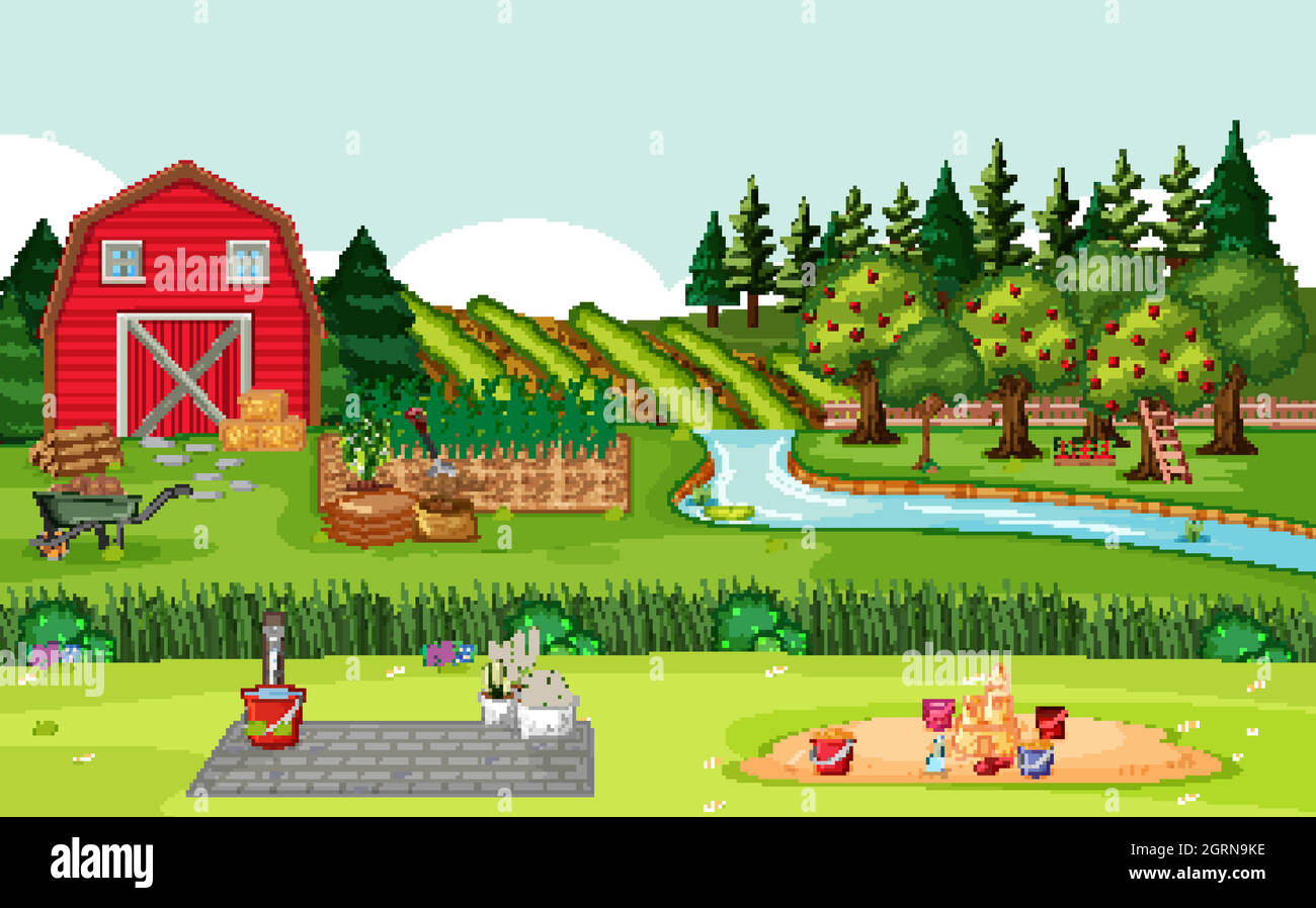 Farm scene with red barn in field landscape Stock Vector Image & Art ...