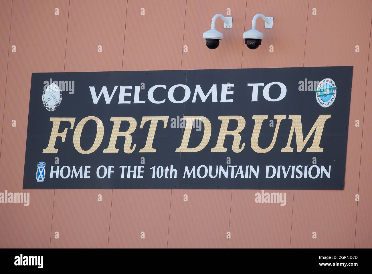 A welcome sign is seen at Wheeler-Sack Army Airfield, the airport used by the 10th Mountain Division at Fort Drum, New York, U.S., September 6, 2021.  Picture taken September 6, 2021. REUTERS/Brendan McDermid Stock Photo