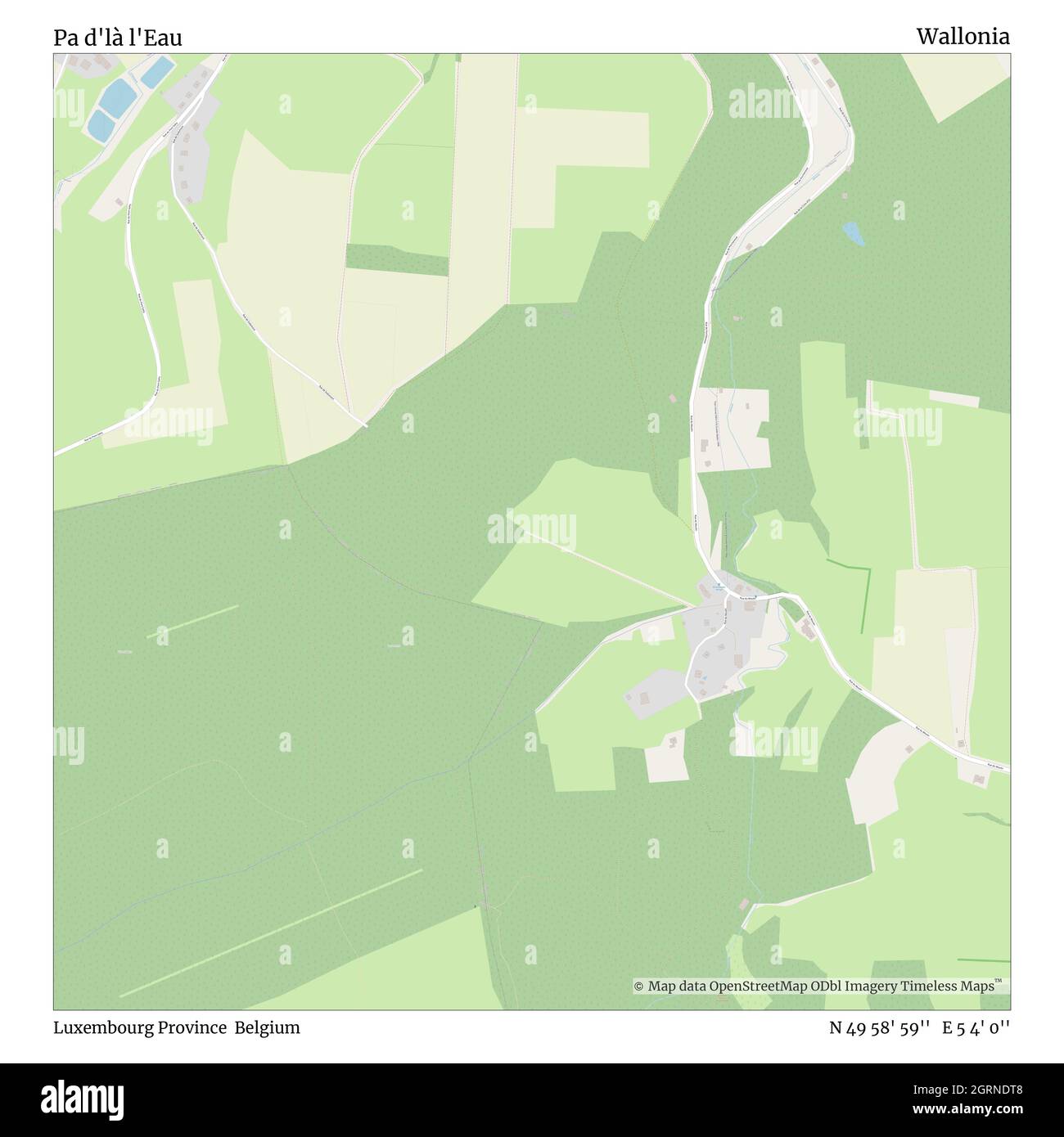 Pa d'là l'Eau, Luxembourg Province, Belgium, Wallonia, N 49 58' 59'', E 5 4' 0'', map, Timeless Map published in 2021. Travelers, explorers and adventurers like Florence Nightingale, David Livingstone, Ernest Shackleton, Lewis and Clark and Sherlock Holmes relied on maps to plan travels to the world's most remote corners, Timeless Maps is mapping most locations on the globe, showing the achievement of great dreams Stock Photo