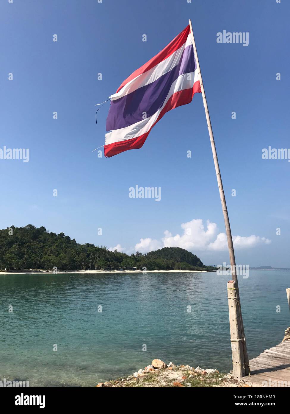 Scenic View Of Flag By Sea Against Sky Stock Photo