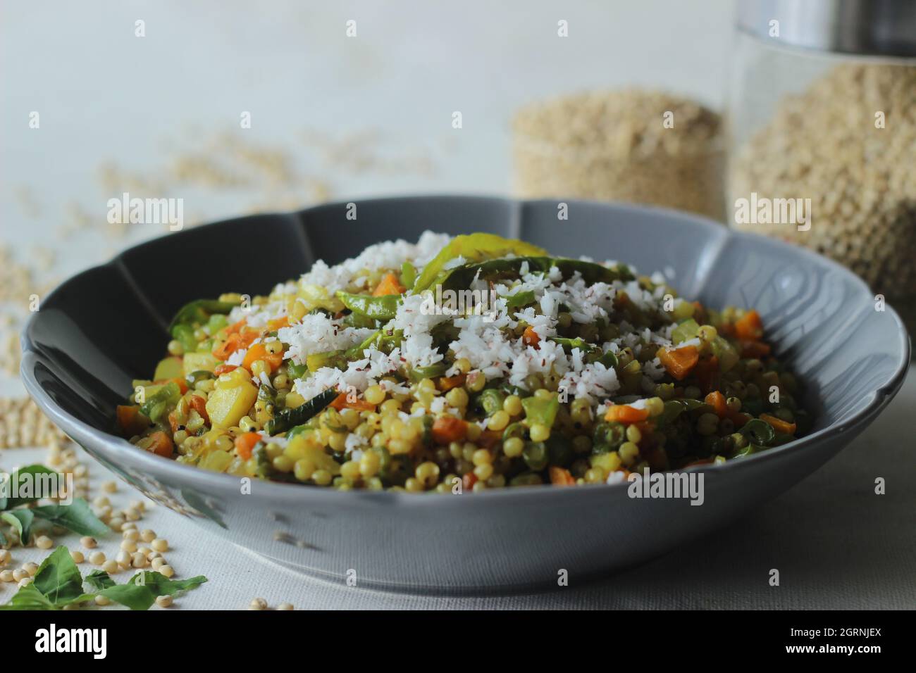 upma. A South Indian breakfast dish with whole and