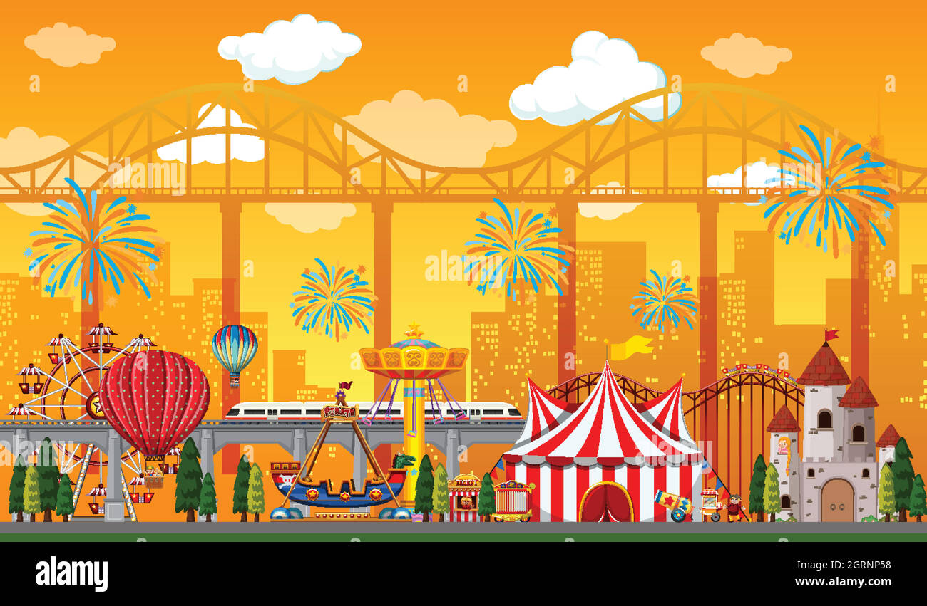 Amusement park scene at daytime with fireworks in the sky Stock Vector ...