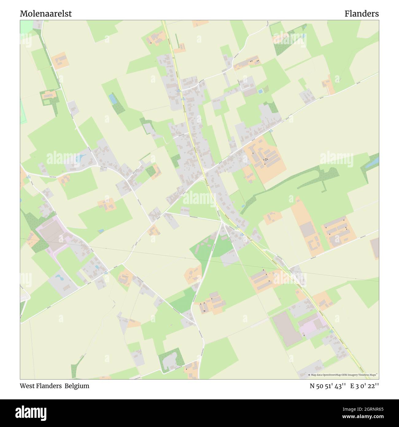 Molenaarelst, West Flanders, Belgium, Flanders, N 50 51' 43'', E 3 0' 22'', map, Timeless Map published in 2021. Travelers, explorers and adventurers like Florence Nightingale, David Livingstone, Ernest Shackleton, Lewis and Clark and Sherlock Holmes relied on maps to plan travels to the world's most remote corners, Timeless Maps is mapping most locations on the globe, showing the achievement of great dreams Stock Photo