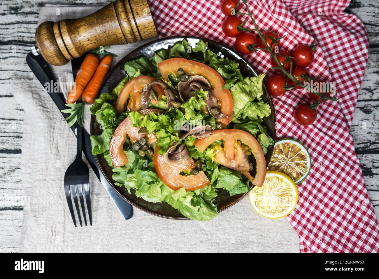 High Angle View Of Salad In Plate On Table Stock Photo