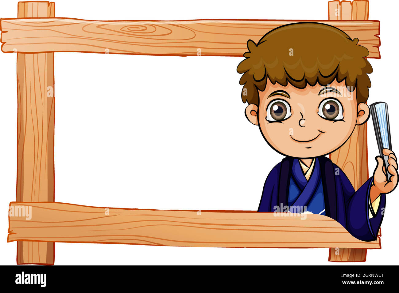 A wooden frame with a young boy Stock Vector