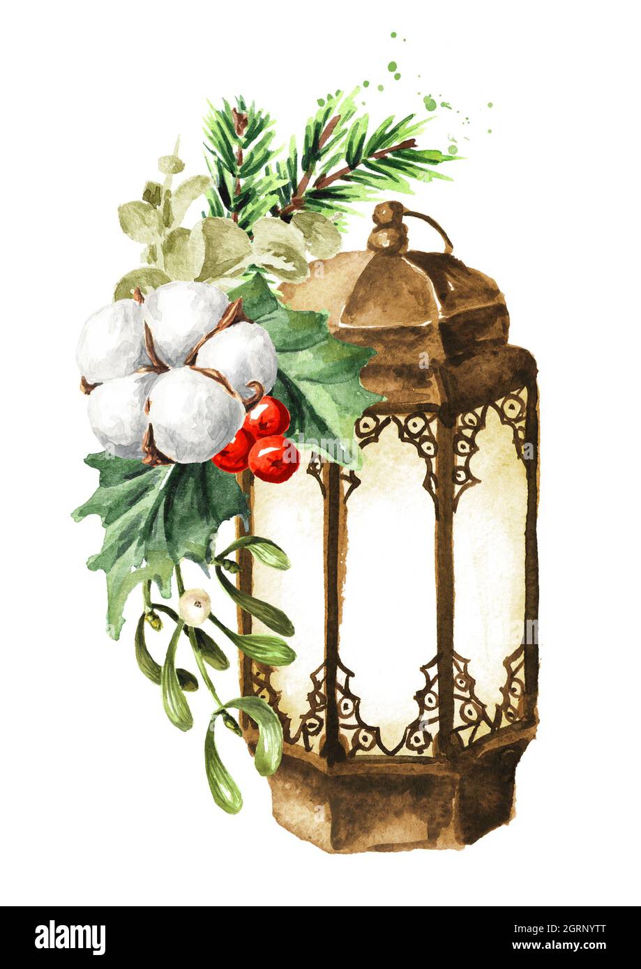 Old Lantern with Winter bouquet, Hand drawn watercolor illustration ...