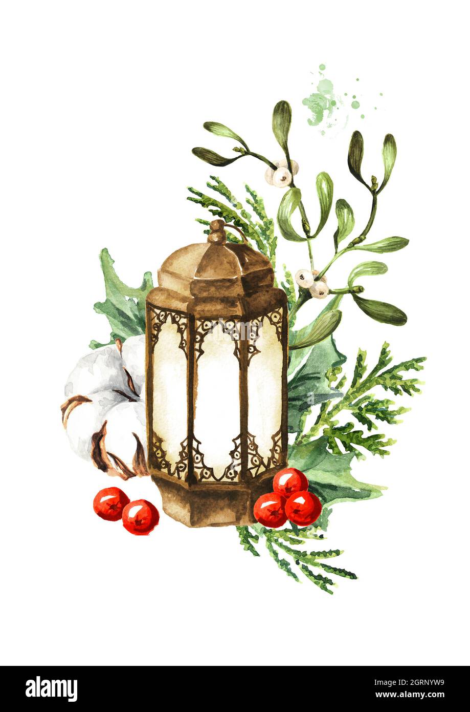 Old Lantern with Winter bouquet. Hand drawn watercolor illustration ...
