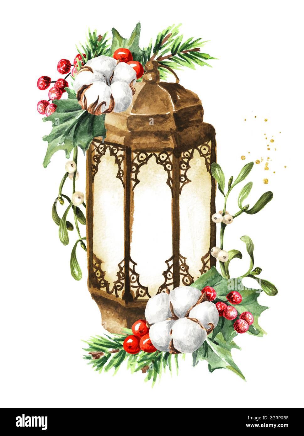 Old Lantern with Winter bouquet. Hand drawn watercolor illustration ...