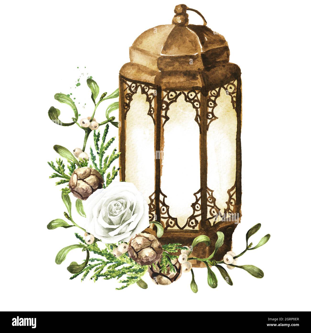 Old Lantern with Winter wedding bouquet, Hand drawn watercolor  illustration, isolated on white background Stock Photo - Alamy