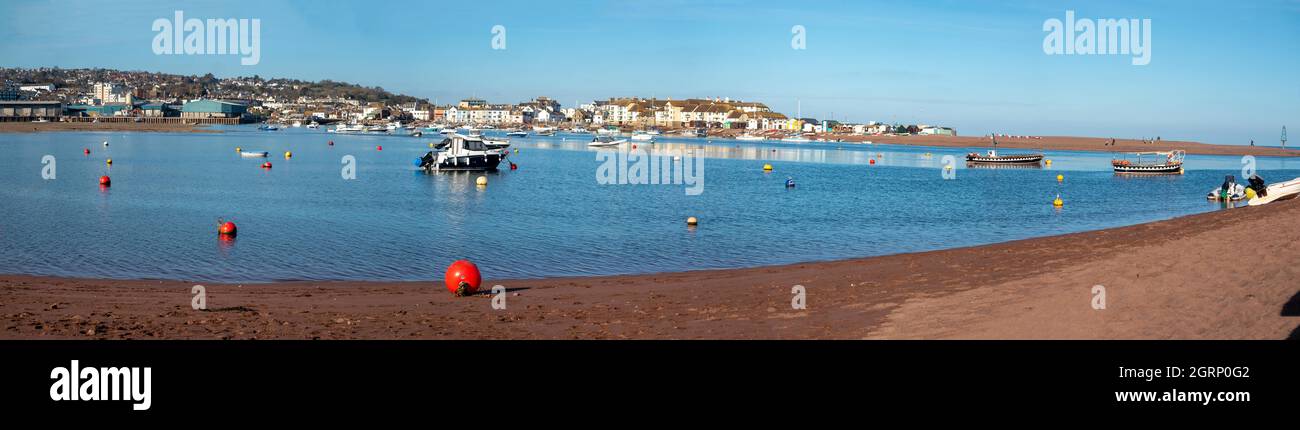 Panorama view of Teign river estuary looking towards the seaside town of Teignmouth taken from Sheldon side South Devon England Stock Photo