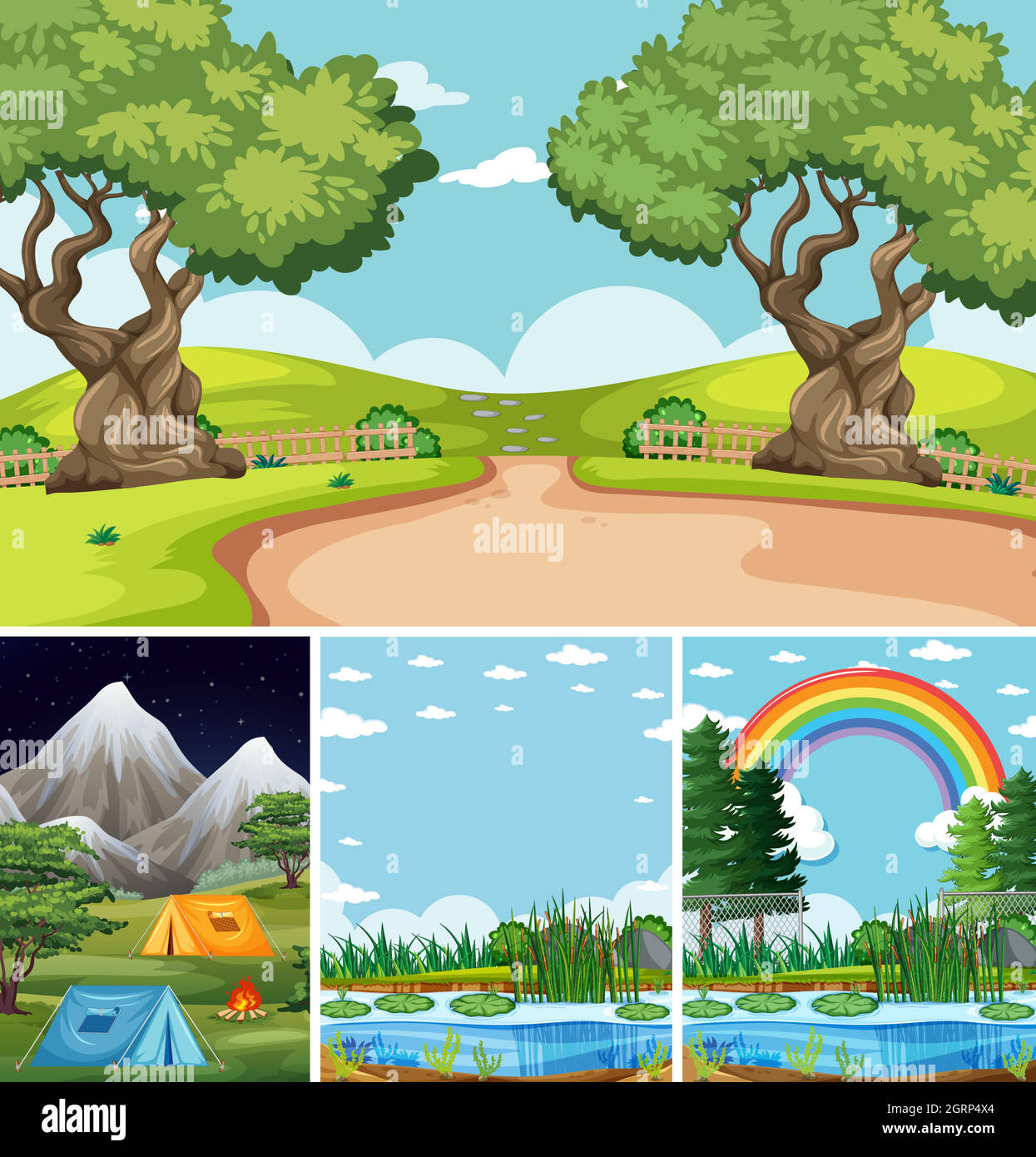 Four different scenes in nature setting cartoon style Stock Vector