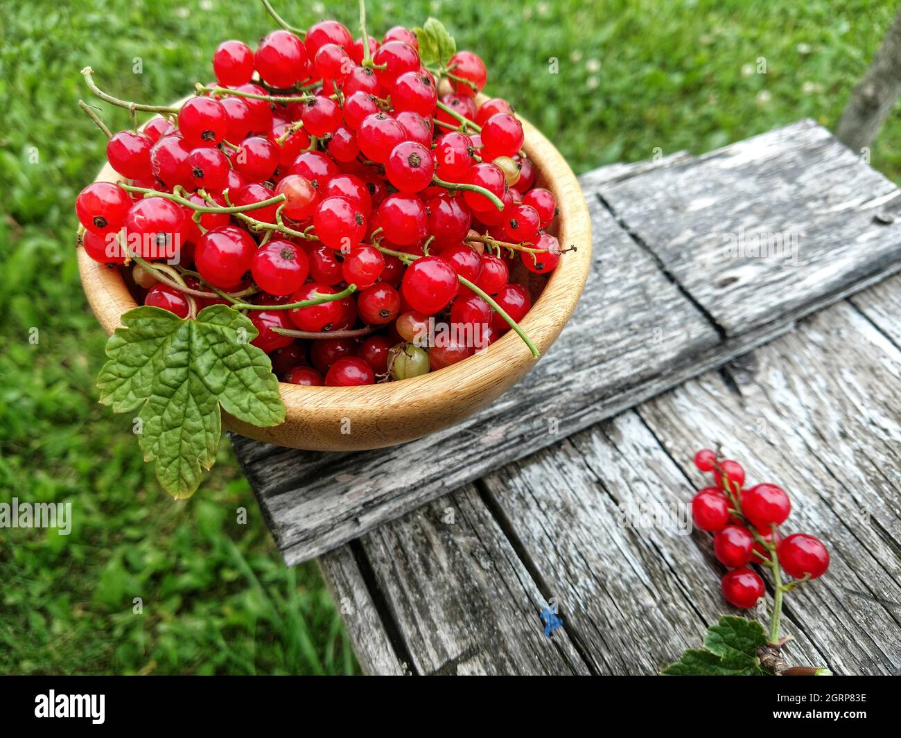 High Angle View Of Red Currants In Bowl On Crate Stock Photo
