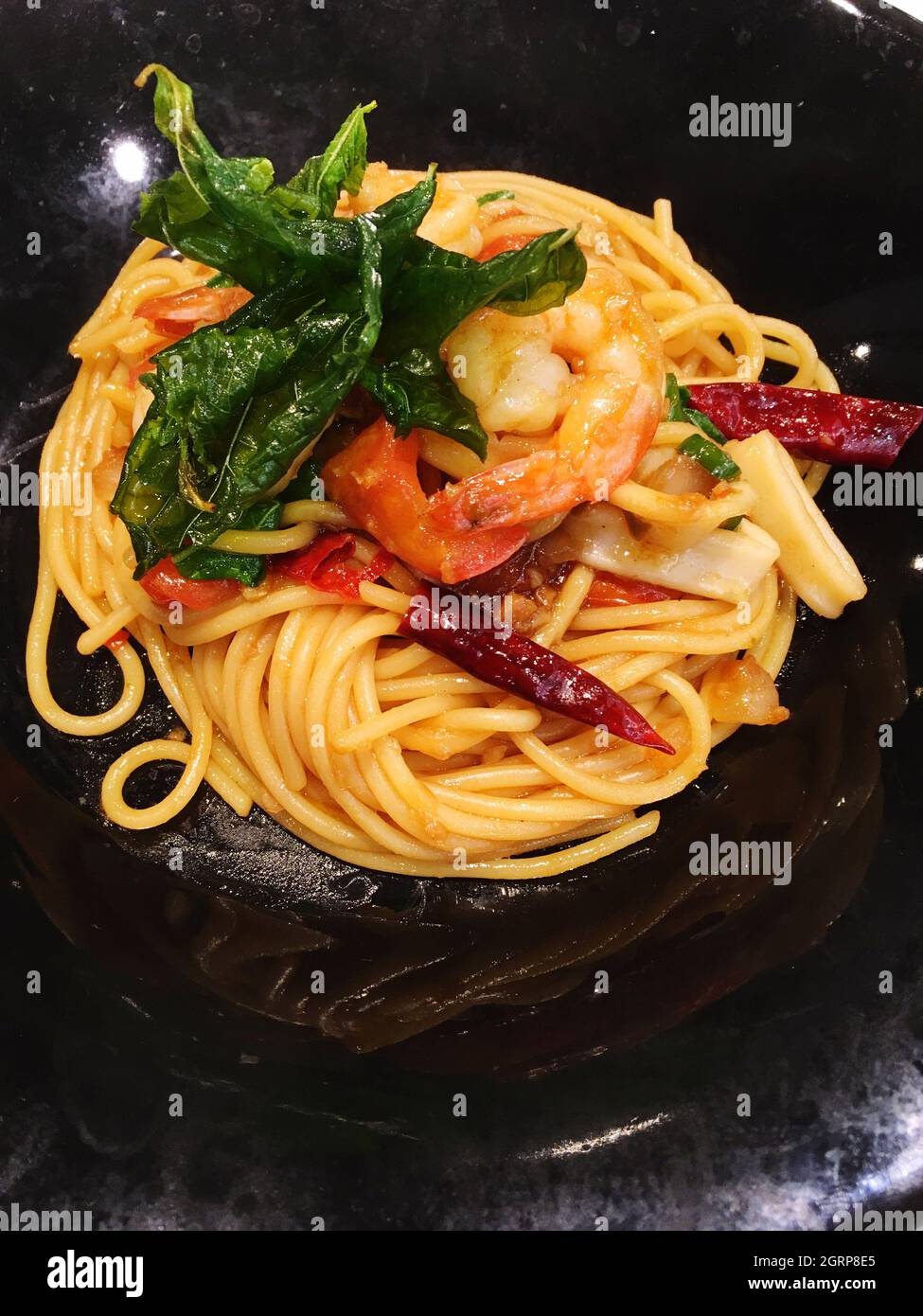 Directly Above Shot Of Spaghetti In Plate Stock Photo
