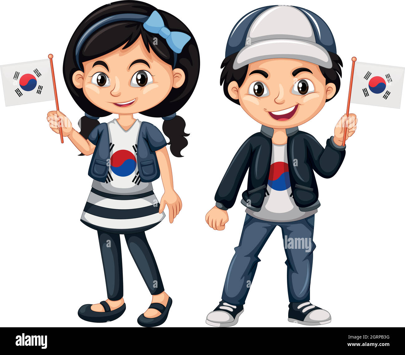 South Korean boy and girl with flags Stock Vector