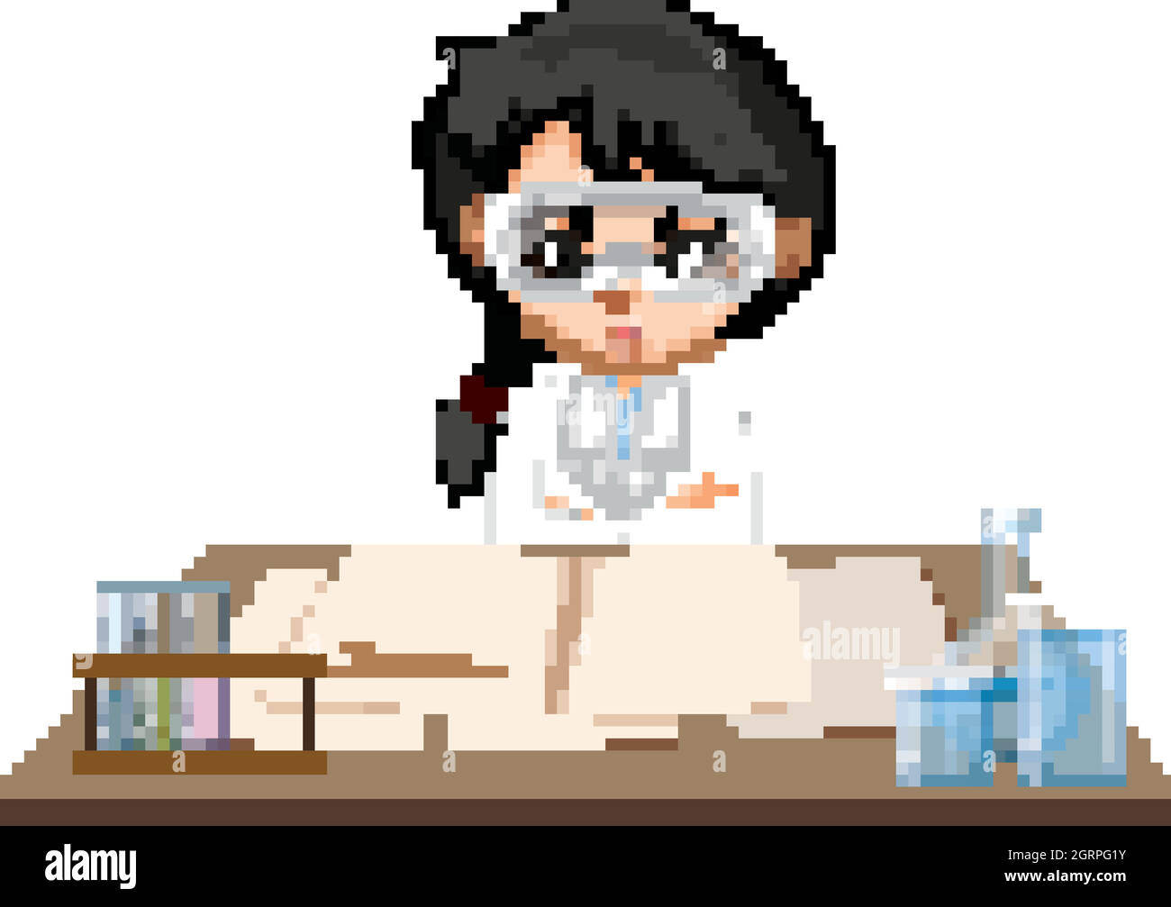 Girl in science gown working at the table Stock Vector