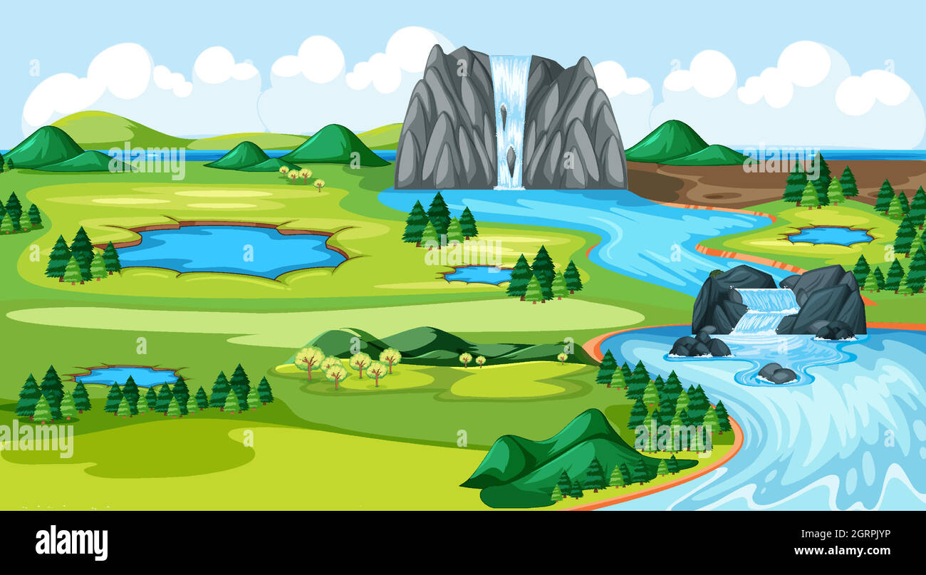 Meadow park with water fall river side landscape scene Stock Vector ...