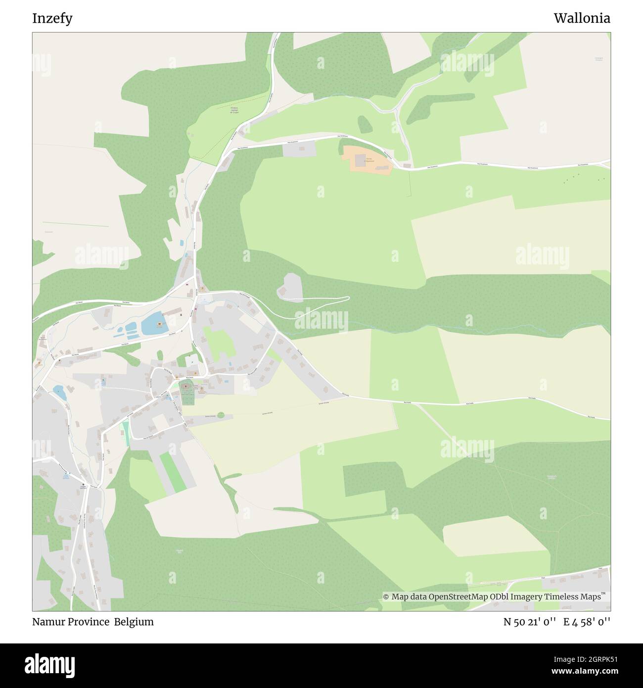 Inzefy, Namur Province, Belgium, Wallonia, N 50 21' 0'', E 4 58' 0'', map, Timeless Map published in 2021. Travelers, explorers and adventurers like Florence Nightingale, David Livingstone, Ernest Shackleton, Lewis and Clark and Sherlock Holmes relied on maps to plan travels to the world's most remote corners, Timeless Maps is mapping most locations on the globe, showing the achievement of great dreams Stock Photo