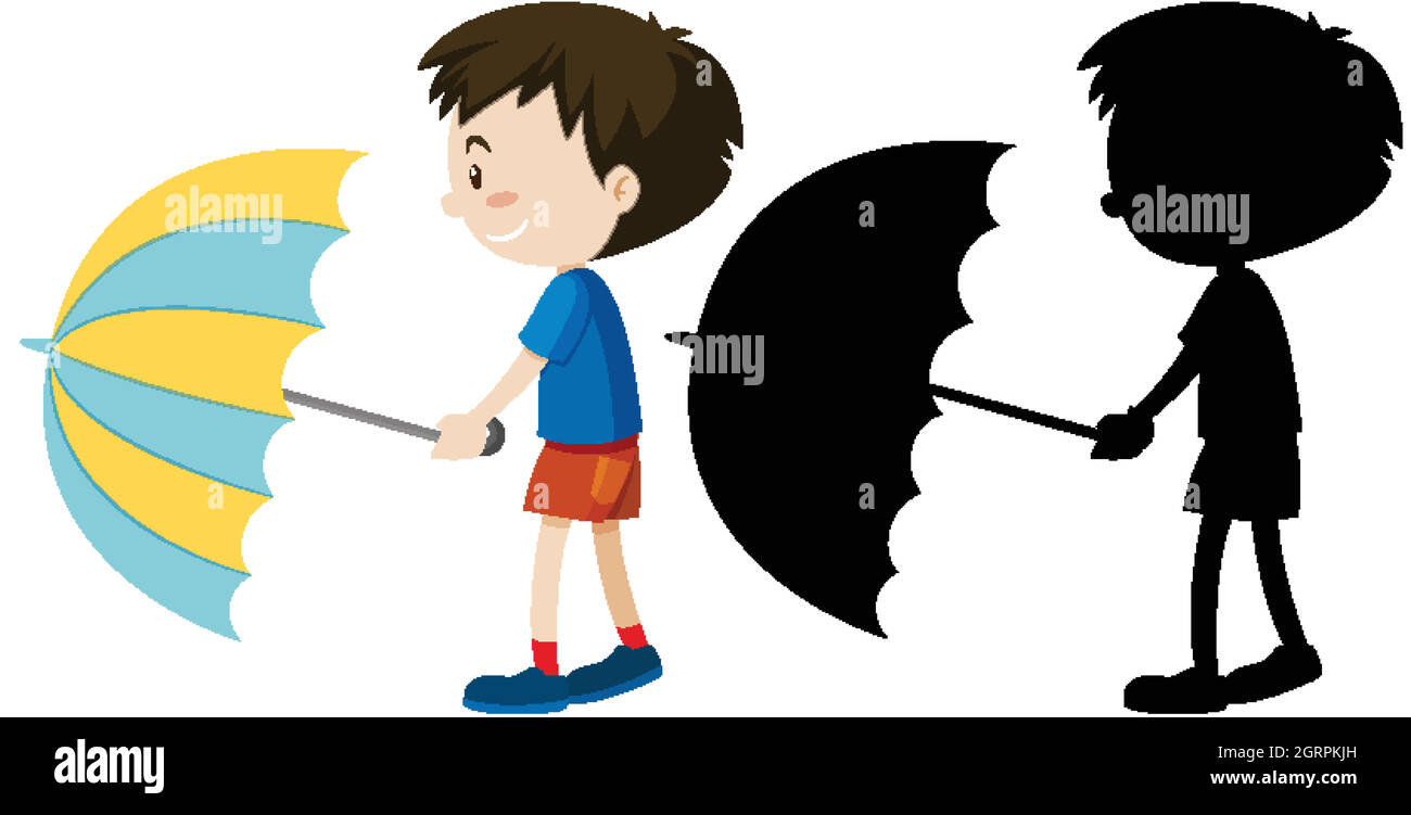 Boy holding umbrella in color and silhouette Stock Vector